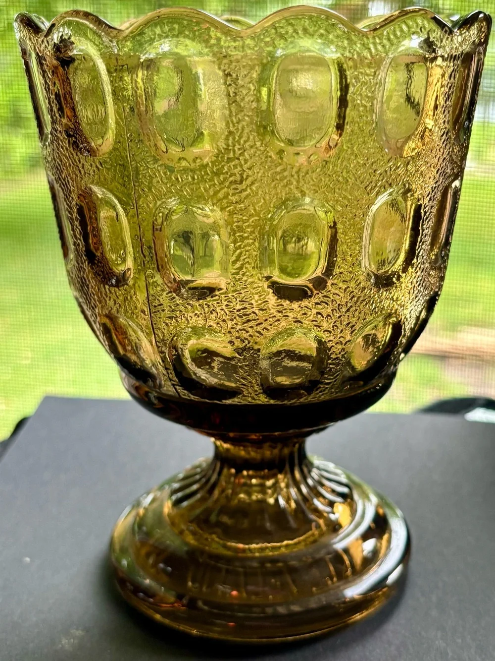 Vintage E.O. Brody M4200 Olive Green Thumbprint Goblet Vase Mid Century Glass
